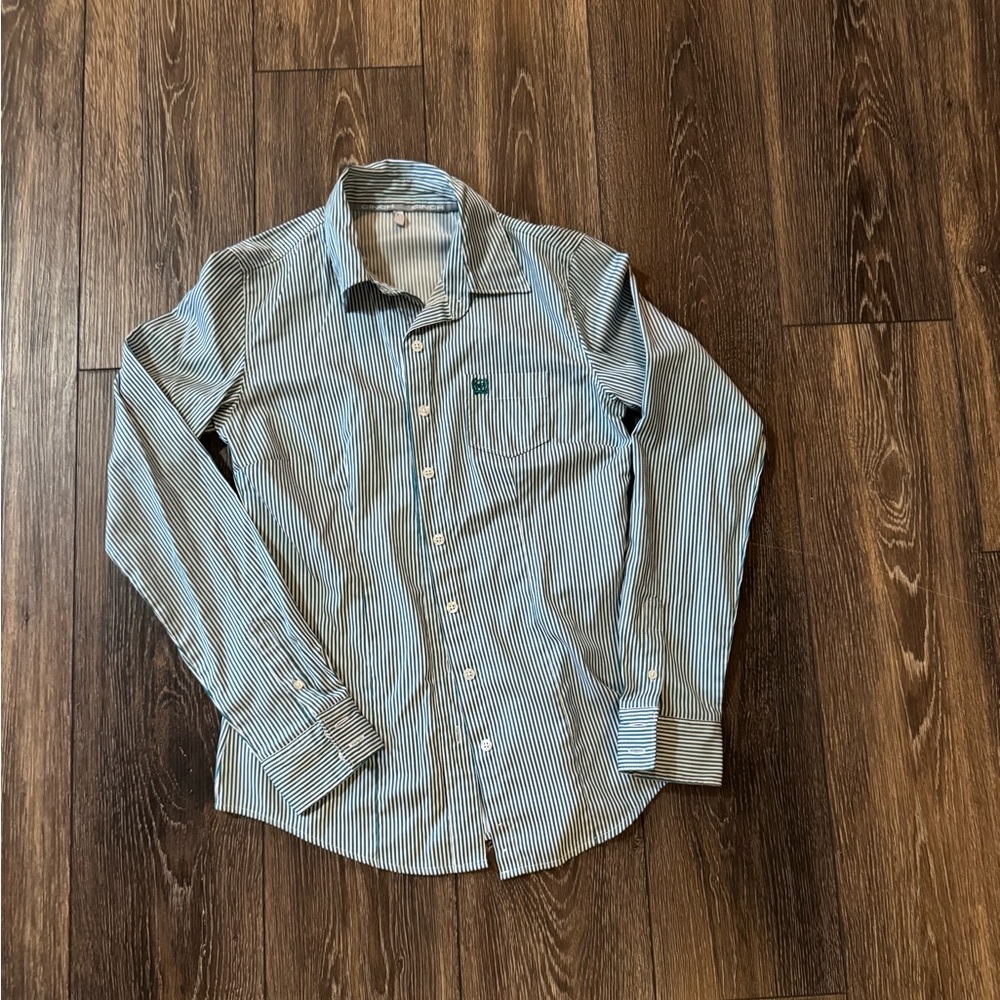 Women’s cinch button up shirt Small. The stripes are teal
